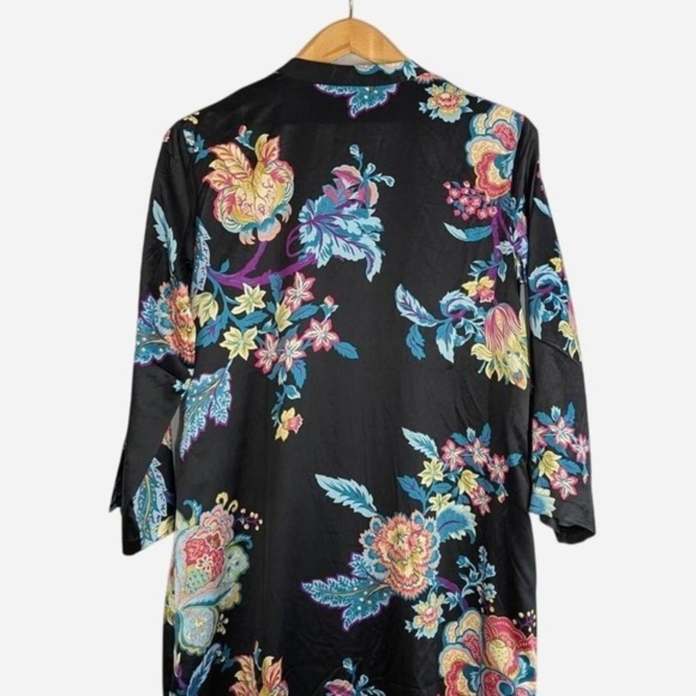 Natori Festival Satin Zip Caftan Black Floral 3/4 Sleeve Maxi Size Small - Picture 6 of 10